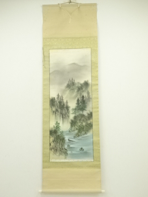 浦石筆　彩色山水　肉筆絹本掛軸